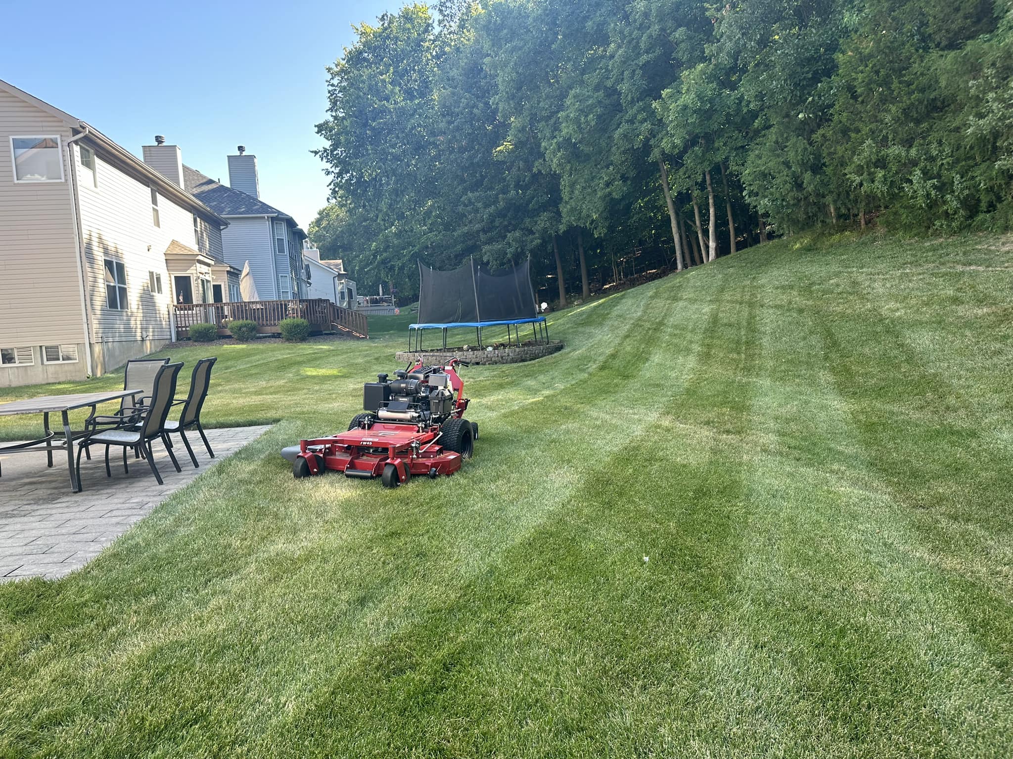 Striped backyard with stand-on mower